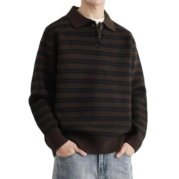 Yuanlong Mens Sweaters Button Front Lapel Collar Long Sleeved Striped Knitwear Winter Classic Clothes Loose Warm Sweater