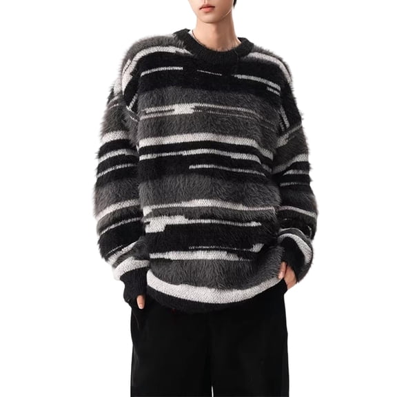 Yuanlong Mens Sweaters Oversized Fluffy Striped Long Sleeve Crewneck Knitwear Winter Streetwear Thermal Loose Sweater Top