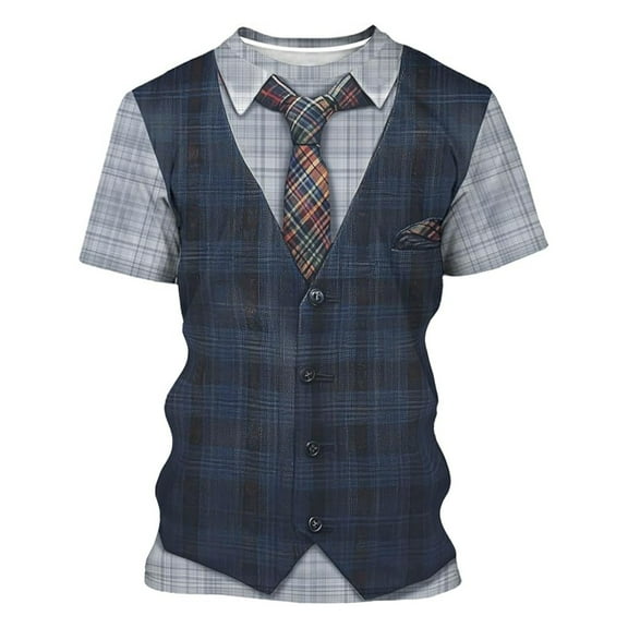 Yuanlong Mens T-Shirts Button Down Plaid Round Neck With Tie Short Sleeved Tee Shirts Summer Preppy Style Male Slim Tops
