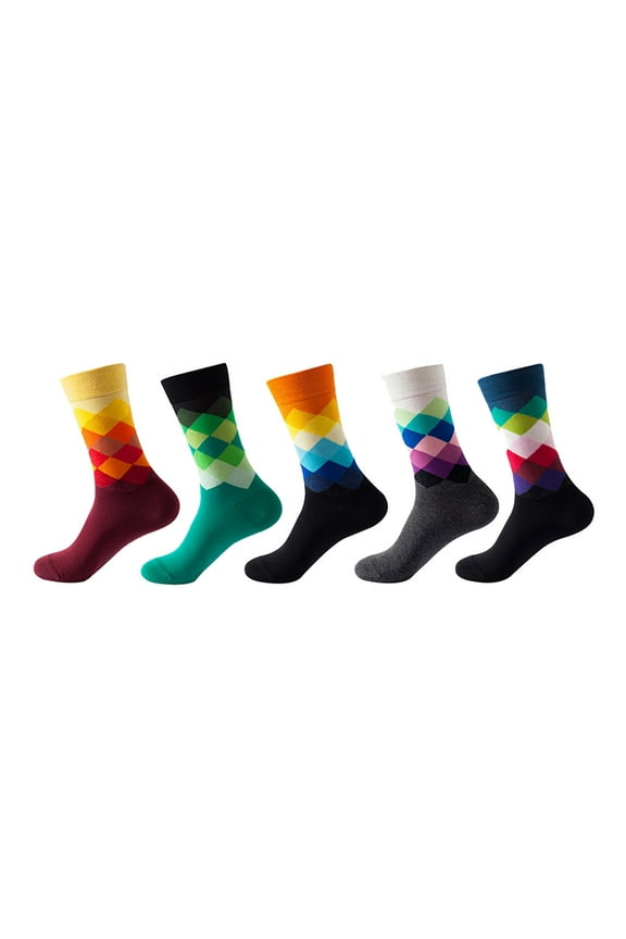 Socks Pack Of 5 Pairs Unisex Colorful Plaid Printed Cotton Crew Socks Streetwear Fashion Comfort Mid Tube Socks