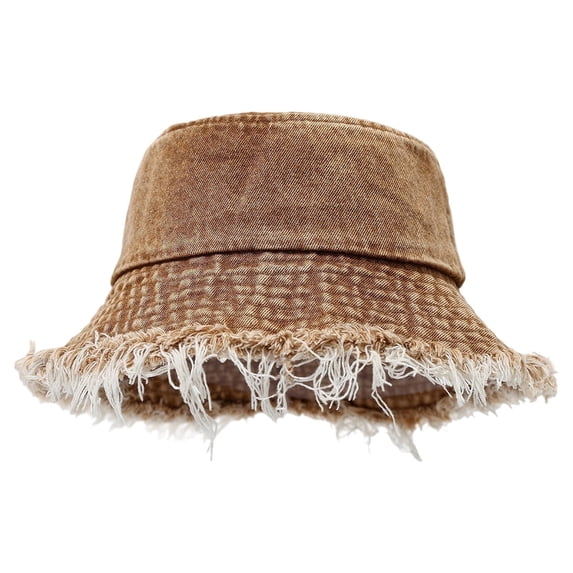 Yuanlong Unisex Distressed Denim Bucket Hat Fringe Edge All-Season Hat Solid Color Versatile Streetwear Headwear