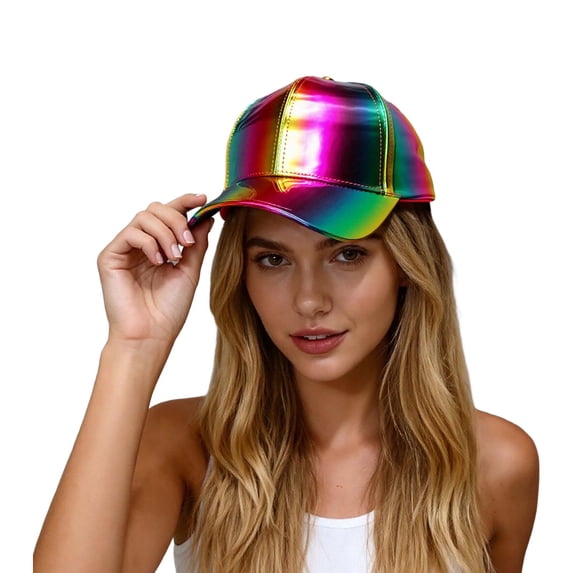 Yuanlong Unisex Laser Shiny Baseball Cap Pu Leather All-Season Cap Solid Color Trendy Streetwear Headwear