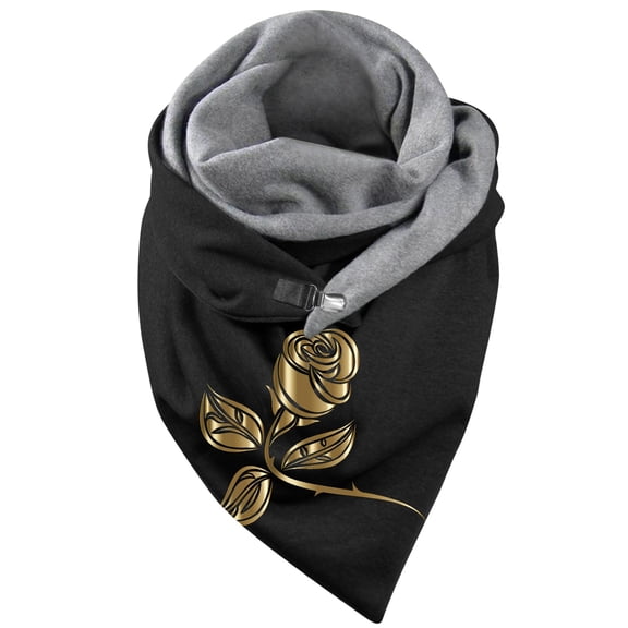 Yuanlong Winter Scarves Double Spliced Triangle Buckle Golden Rose Print Thickened Scarf Holiday Fashion Soft Neck Gaiter