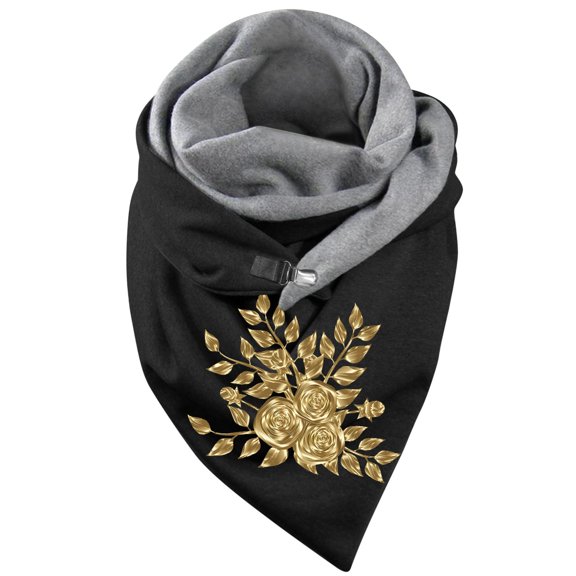 Yuanlong Winter Scarves Double Spliced Triangle Buckle Golden Rose Print Thickened Scarf Holiday Fashion Soft Neck Gaiter