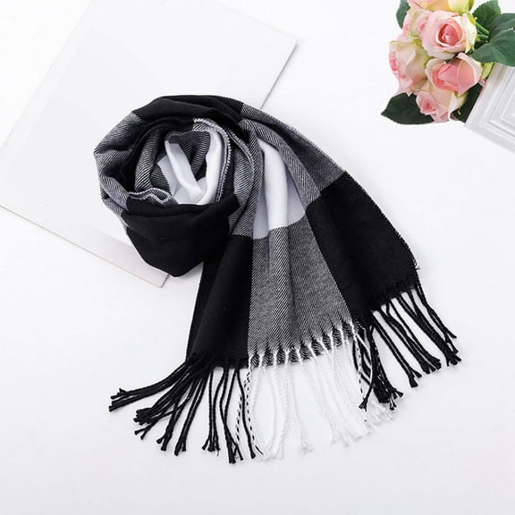 Yuanlong Winter Scarves Unisex Black White Plaid Pattern Thick Shawls Wraps With Tassels Warmth Neckwear Relaxed Scarf
