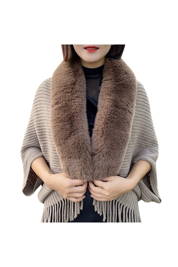 Winter Scarves Women Imitation Collar Fringed Hem Cardigan Shawl Wraps Outdoor Elegant Knitted Capes Cloak