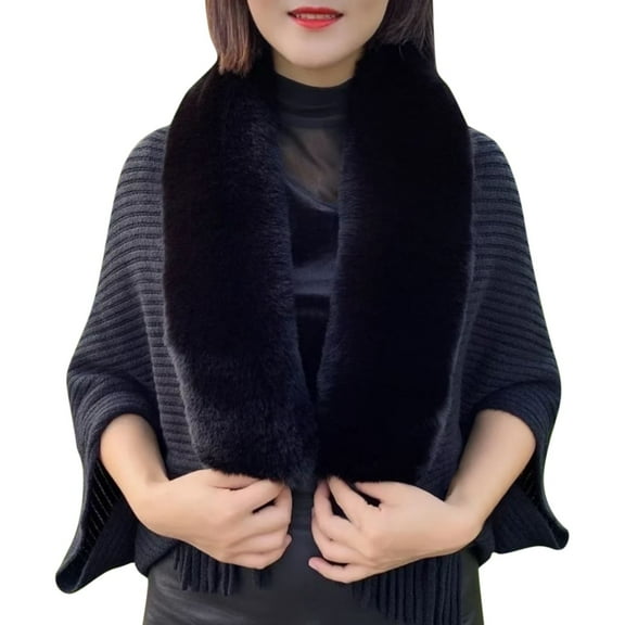 Yuanlong Winter Scarves Women Imitation Collar Fringed Hem Cardigan Shawl Wraps Outdoor Elegant Knitted Capes Cloak