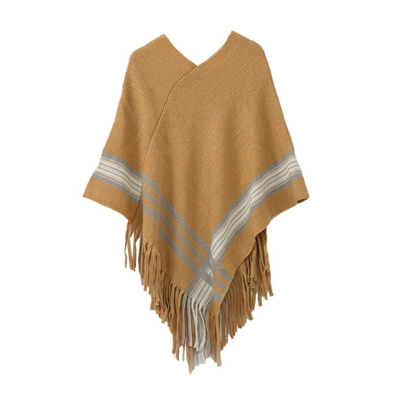 Yuanlong Winter Scarves Womens Solid Poncho With Tassels V-Neck Knitted Shawl Wrap Outdoor Oversize Sweater Pullover Cape