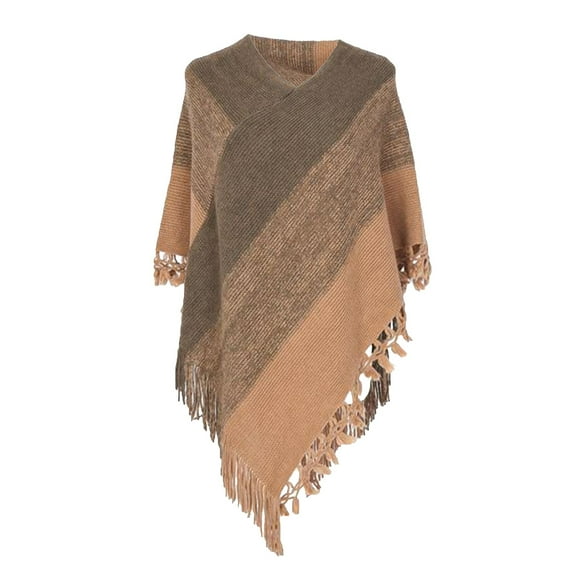 Yuanlong Winter Scarves Womens Solid Poncho With Tassels V-Neck Knitted Shawl Wrap Outdoor Oversize Sweater Pullover Cape