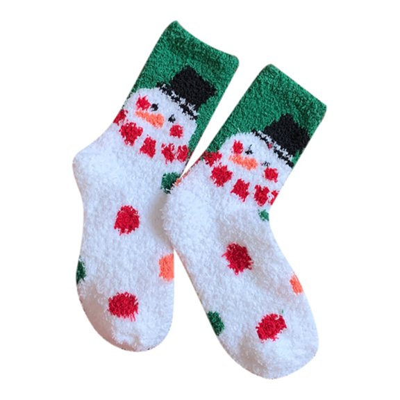 Yuanlong Winter Socks Christmas Fluffy Snowman Print Coral Velvet Thick Mid Tube Socks Holiday Cozy Thermal Slipper Socks