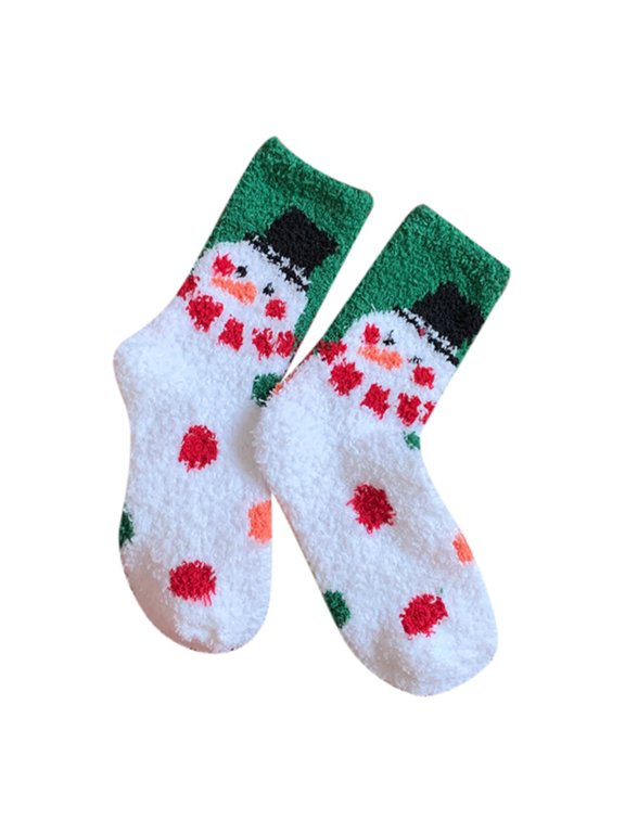 Winter Socks Christmas Fluffy Snowman Print Coral Velvet Thick Mid Tube Socks Holiday Cozy Thermal Slipper Socks