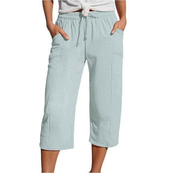 Yuanlong Women Pants Spring Summer Plain Drawstring Waist Straight Loose Leg Crop Pants Daily Bottom Relaxed Sporty Pant