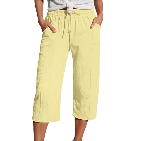 Yuanlong Women Pants Spring Summer Plain Drawstring Waist Straight Loose Leg Crop Pants Daily Bottom Relaxed Sporty Pant