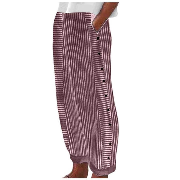 Yuanlong Women Pants Stylish Fashion Straight Wide Elastic Waist Striped Side Button Loose Pant Daily Bottom Casual Trouser