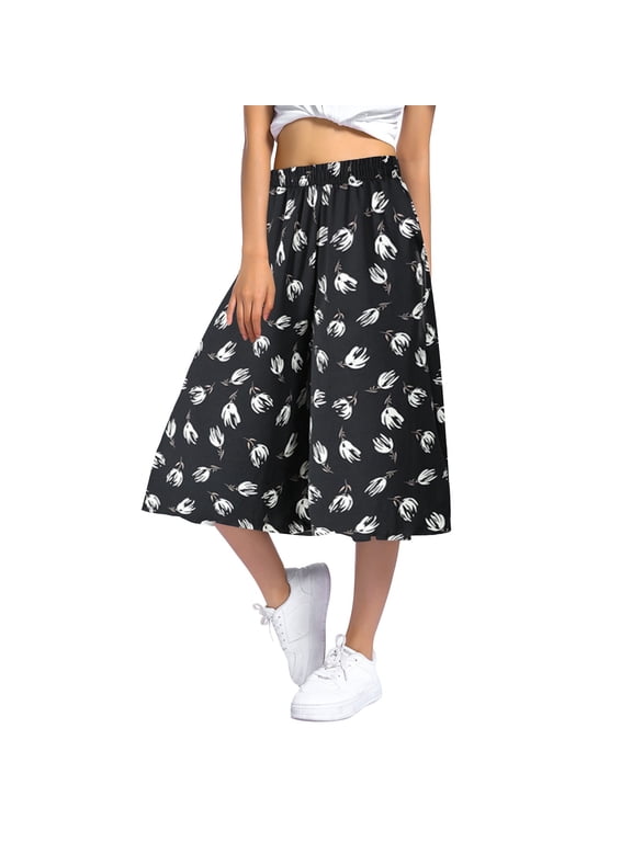 Women Skirt Pants High Rise Floral Print Elastic Waist Culottes Pants Lightweight Flowy Casual Stylish Beach Bottoms