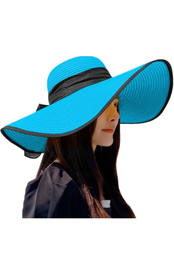 Women Sun Hat Woven Big Straw Wide Brim Beach Hats With Black Ribbon Summer Elegant Floppy Foldable Roll Up Cap
