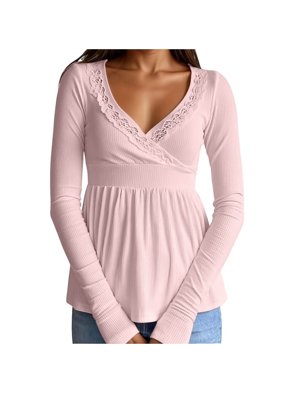 Women T-Shirt Lace Ribbed Knit Wrap Crossover Front Pullover Top Slim Daily Dating Commuting Wear