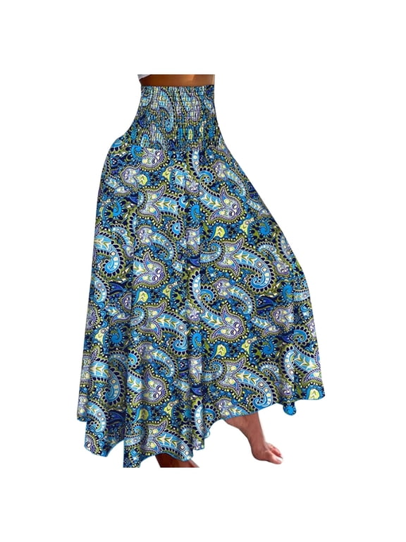 Women Wide Leg Skirt Pants High Waisted Vintage Printed Culottes Pants Flowy Casual Stylish Stage Dance Skort Pants