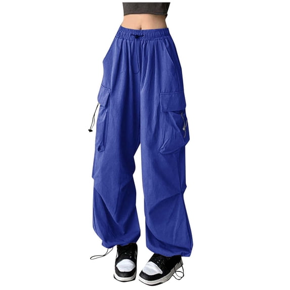 Yuanlong Women's Cargo Pants Wide-Leg Solid Color Pocketed Sweatpants Drawstring Summer Trousers Loose Fit Streetwear Bottoms