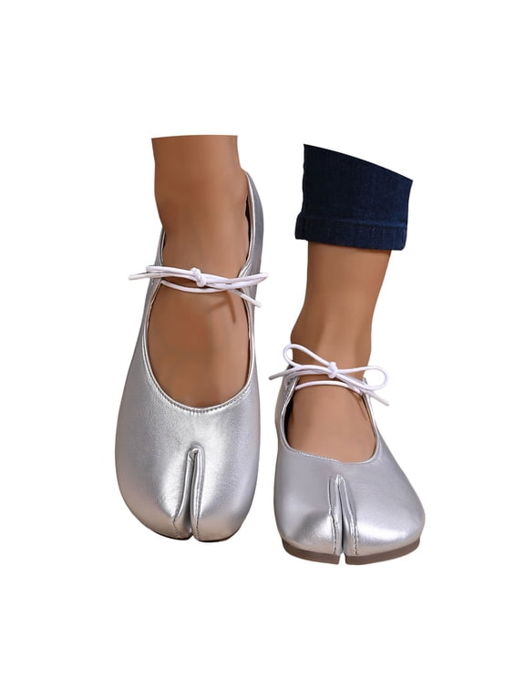 Women's Casual Shoes Split Toe Tie Detail Ballerina Shoes Round Toe Soft Sole Slip On Flat Dance Shoes