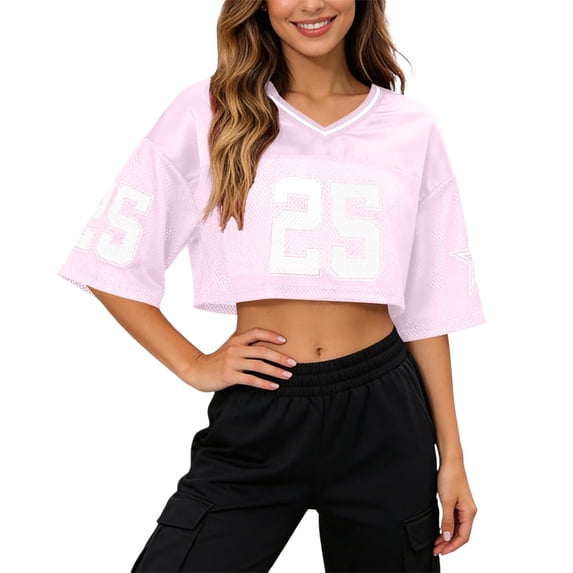 Yuanlong Women's Cropped Tshirts V Neck Short Sleeve Number Print Casual Tees Loose Fit Everyday Streetwear Sports Tee Shirts