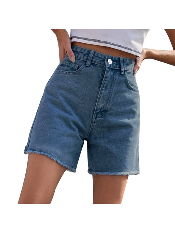 Women's Denim Shorts Straight-Leg High Waist Pocketed Summer Trousers Solid Color Minimalist Holiday Bottoms