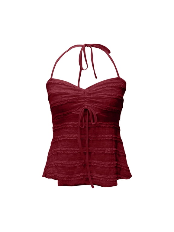 Women's Halter Cami Top Sweetheart Tie-Front Backless Sleeveless Tees Solid Color Slim Fit Y2K Retro Party Tanks