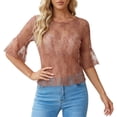 thumbnail image 1 of Yuanlong Women's Mesh Tshirts Round Neck Elbow-Length Sleeve Breathable Tees Solid Color Slim Fit Elegant Holiday Tee Tops, 1 of 4