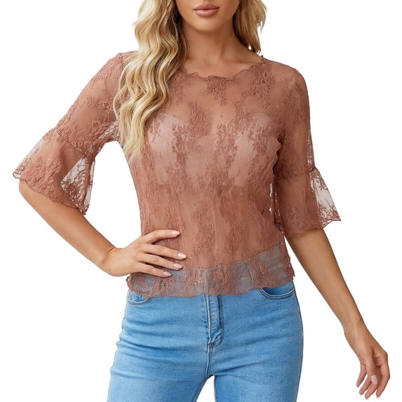 Yuanlong Women's Mesh Tshirts Round Neck Elbow-Length Sleeve Breathable Tees Solid Color Slim Fit Elegant Holiday Tee Tops