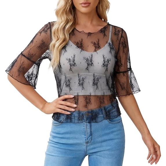 Yuanlong Women's Mesh Tshirts Round Neck Elbow-Length Sleeve Breathable Tees Solid Color Slim Fit Elegant Holiday Tee Tops