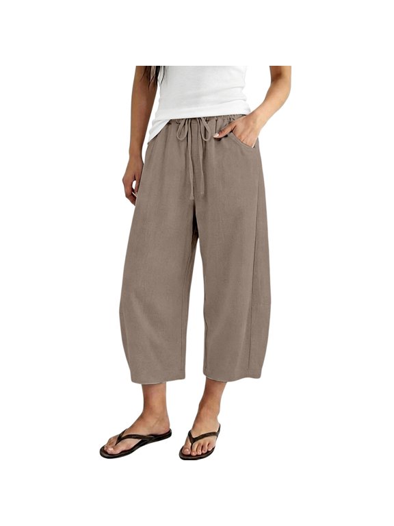 Women's Pants Pocketed Wide Leg Elastic Waist Drawstring Capri Pants Versatility Minimalist Beach Vacation Bottoms
