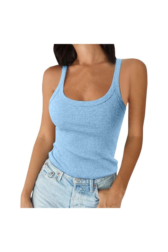 Women's Ribbed Camisole U-Neck Spaghetti Strap Sleeveless Summer Tank Tops Solid Color Versatile Layering Tees