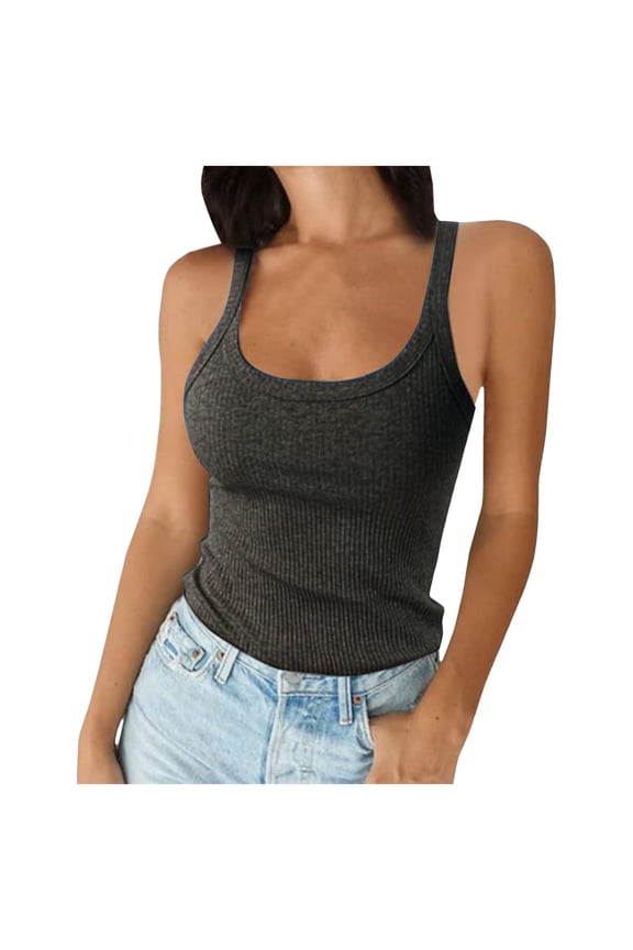 Women's Ribbed Camisole U-Neck Spaghetti Strap Sleeveless Summer Tank Tops Solid Color Versatile Layering Tees