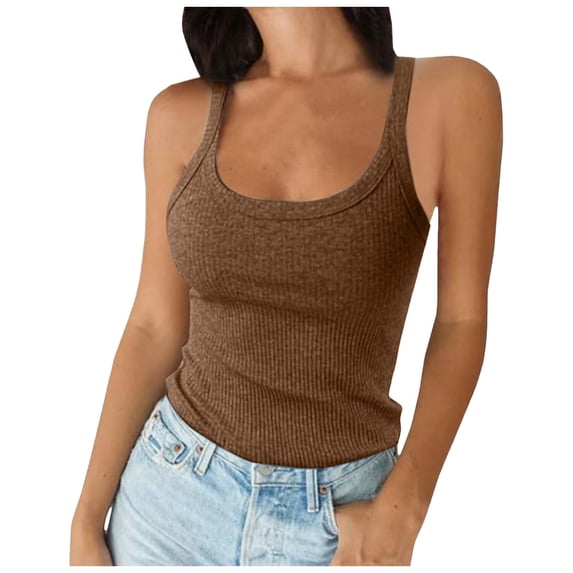 Yuanlong Women's Ribbed Tank Tops Spaghetti Strap Scoop Neck Slim Fitted Top Solid Color Minimalist Basic Layering Tanks
