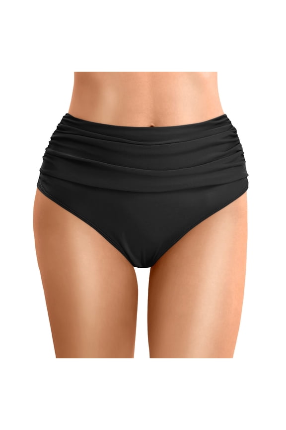 Women's Ruched Swimwear Bottoms Tummy Control Solid Color High Waist Swim Briefs Beach Swimming Bikini Bottoms
