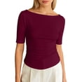 thumbnail image 1 of Yuanlong Women's Ruched Tshirts Boat Neck Elbow-Length Sleeve Solid Color Tees Loose Fit Daily Wear Holiday Tee Tops, 1 of 4