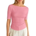 thumbnail image 1 of Yuanlong Women's Ruched Tshirts Boat Neck Elbow-Length Sleeve Solid Color Tees Loose Fit Daily Wear Holiday Tee Tops, 1 of 4