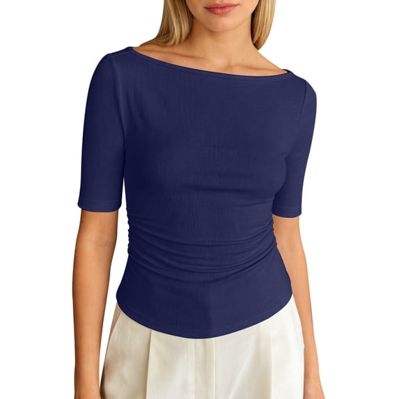 Yuanlong Women's Ruched Tshirts Boat Neck Elbow-Length Sleeve Solid Color Tees Loose Fit Daily Wear Holiday Tee Tops