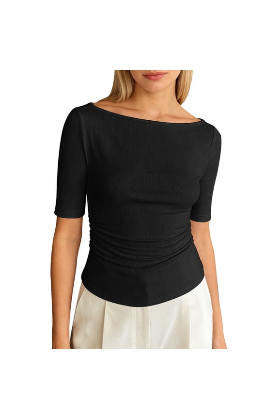 Women's Ruched Tshirts Boat Neck Elbow-Length Sleeve Solid Color Tees Loose Fit Daily Wear Holiday Tee Tops