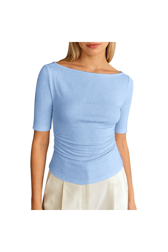 Women's Ruched Tshirts Boat Neck Elbow-Length Sleeve Solid Color Tees Loose Fit Daily Wear Holiday Tee Tops