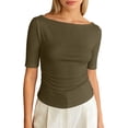 thumbnail image 1 of Yuanlong Women's Ruched Tshirts Boat Neck Elbow-Length Sleeve Solid Color Tees Loose Fit Daily Wear Holiday Tee Tops, 1 of 4