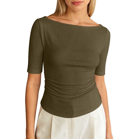 Yuanlong Women's Ruched Tshirts Boat Neck Elbow-Length Sleeve Solid Color Tees Loose Fit Daily Wear Holiday Tee Tops