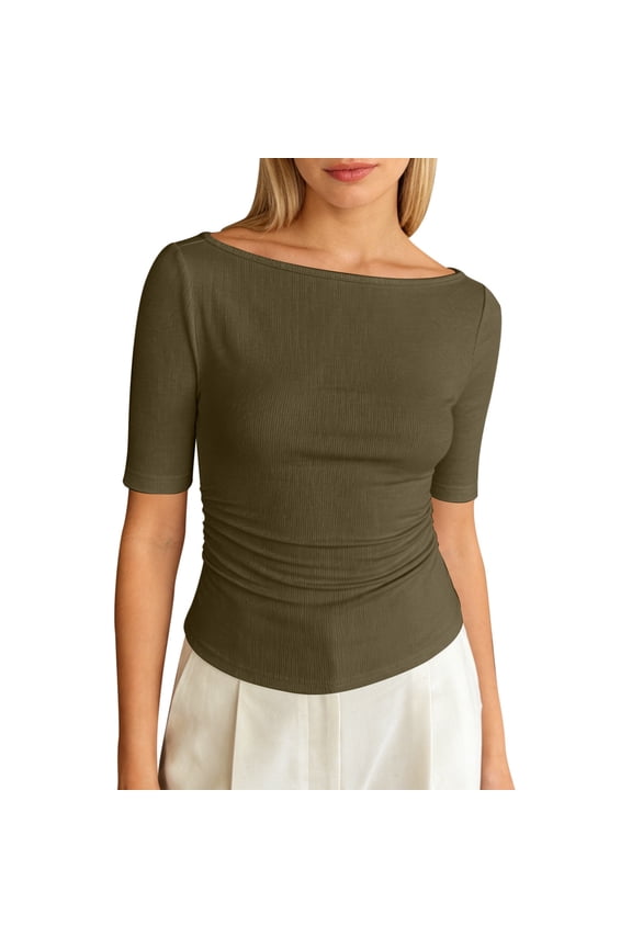 Women's Ruched Tshirts Boat Neck Elbow-Length Sleeve Solid Color Tees Loose Fit Daily Wear Holiday Tee Tops