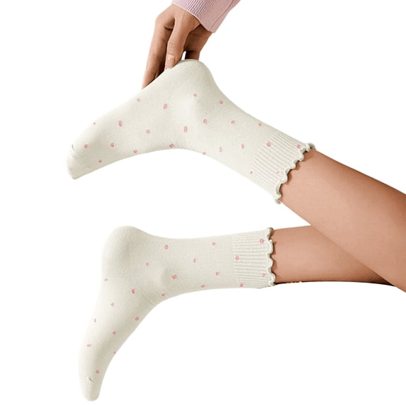 Yuanlong Women's Ruffle Edge Crew Socks Sweat Absorbent Polka Dot Slouchy Autumn And Winter Socks Holiday Hosiery