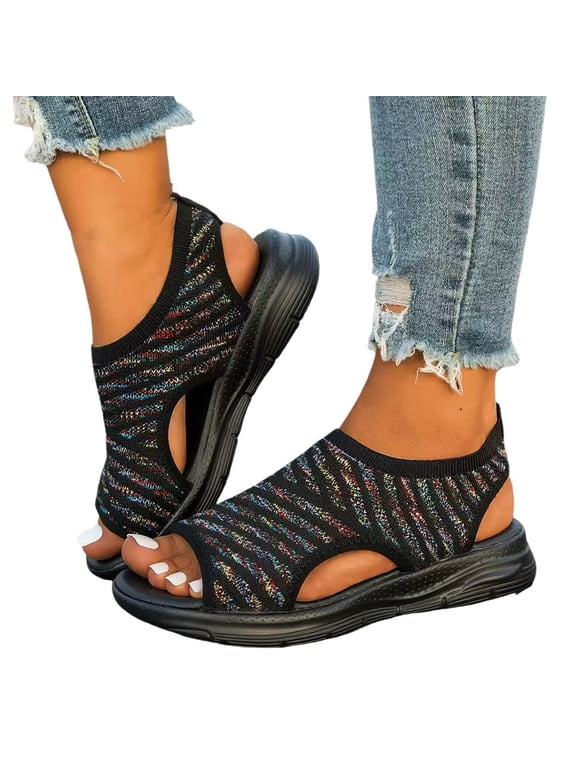 Women's Sandals Open Peep Toe Platform Slide Sandals Retro Printed Fabric Upper Casual Walking Summer Beach Footwear