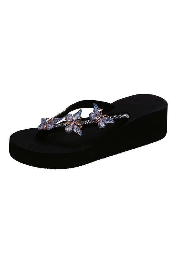 Women's Sandals Rhinestone Butterfly Wedge Flip Flops Platform Non Beach Dressy Glam Stylish Slides