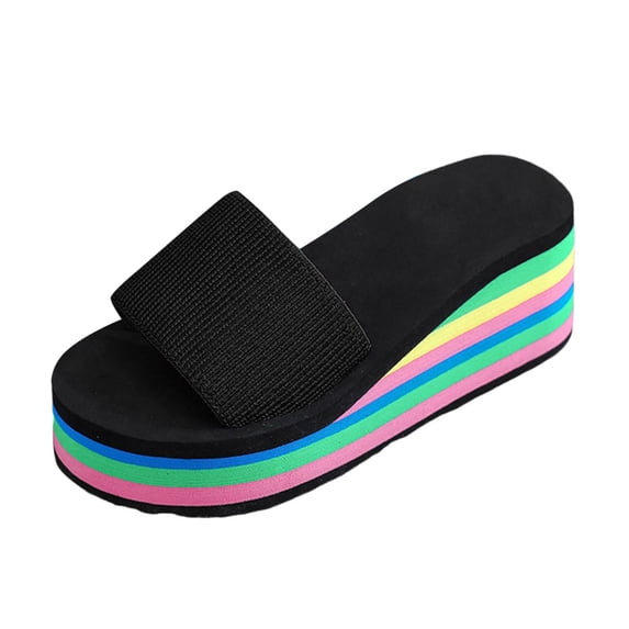 Yuanlong Women's Sandals Single Band Wedge Slide Sandals Rainbow Layer EVA Platform Open Toe Non Cozy Beach Casual Slides