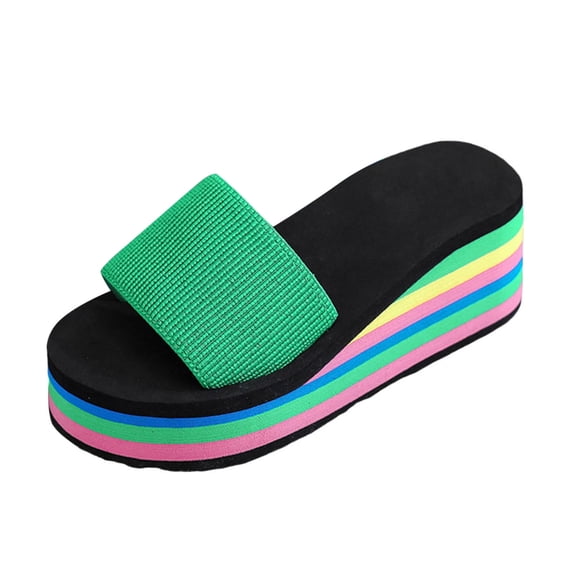 Yuanlong Women's Sandals Single Band Wedge Slide Sandals Rainbow Layer EVA Platform Open Toe Non Cozy Beach Casual Slides