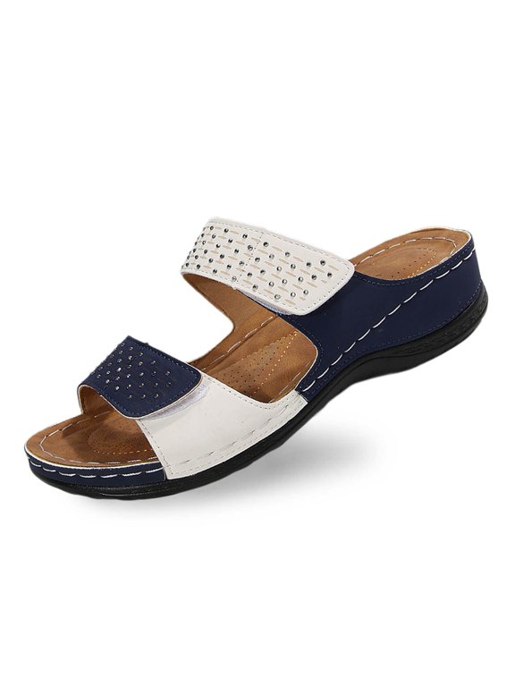 Women's Sandals Two Band Rhinestone Slides Adjustable Hook Loop Strap Wedge Platform Open Toe Casual Slide Sandals