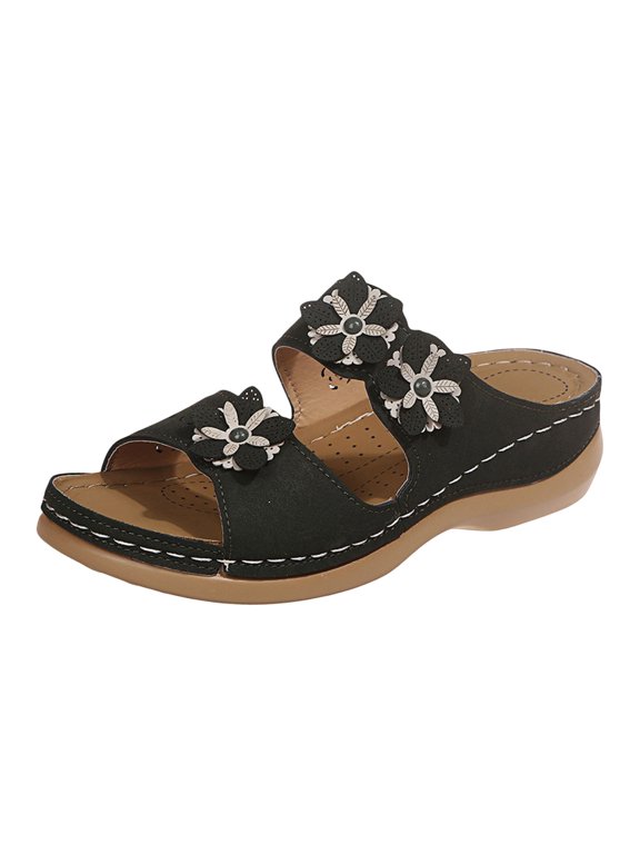 Women's Sandals Two Strap Open Toe Wedge Slide Sandals Layered Floral Breathable Platform Casual Stylish Beach Shoes